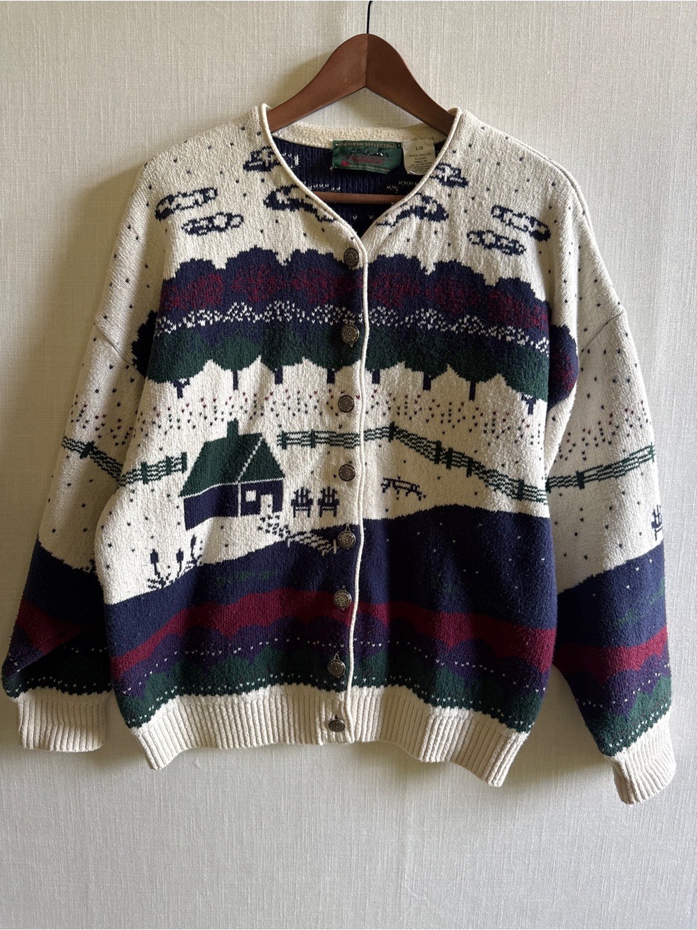 Vintage Northern Reflections Cabin Scenic Knit Cardigan Sweater L